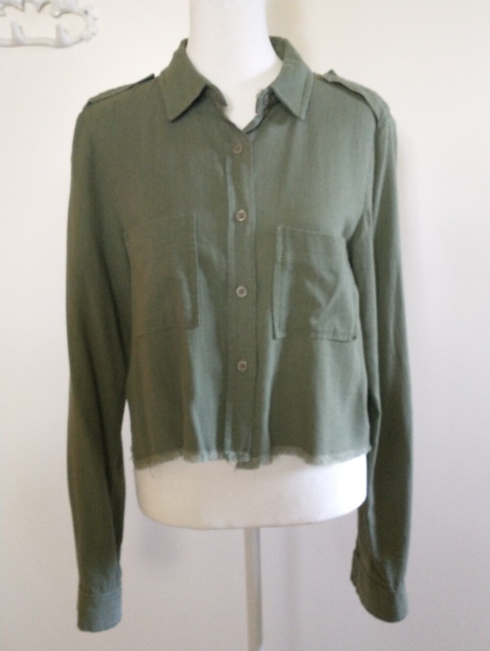 Lulu's Olive Green Linen Blend Button-Up Top S Coastal Prep